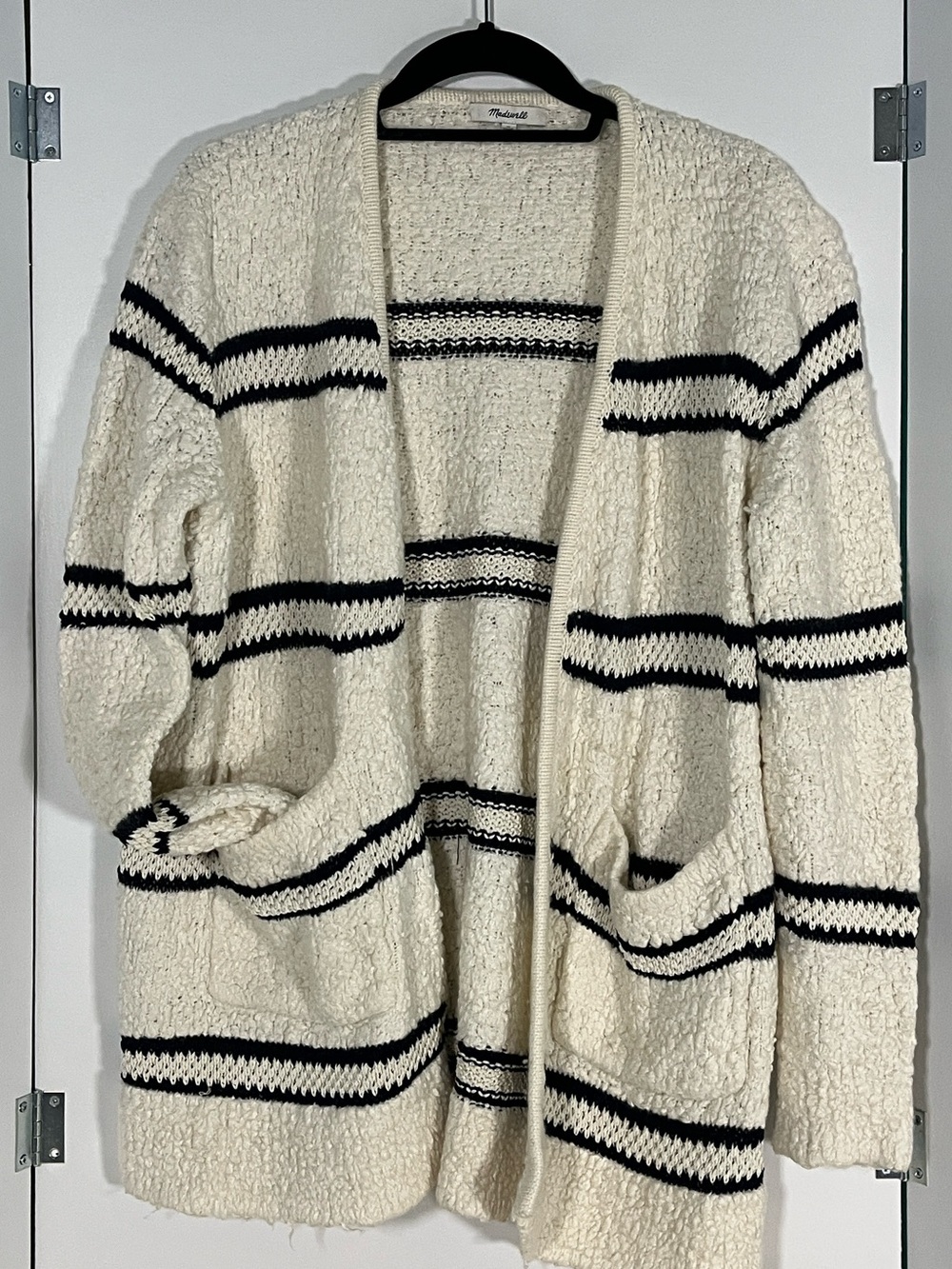 Madewell Textured Ivory Open-Front Cardigan with Black Stripes